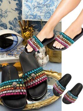 🆕 KURT GEIGER LONDON 🧿 NWOB Meena Eagle Jewel Sandal, Black Rainbow, Sz US 6.5